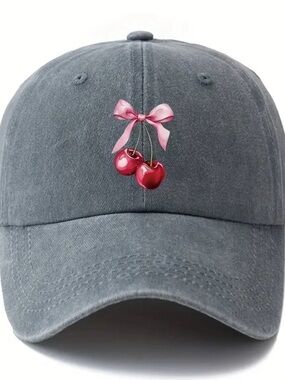 Gray Baseball Cap with Pink Ribbon & Red Cherry adjustable strap in back